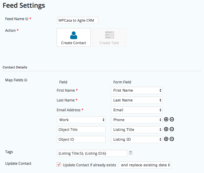 Gravity Forms Agile CRM contact action