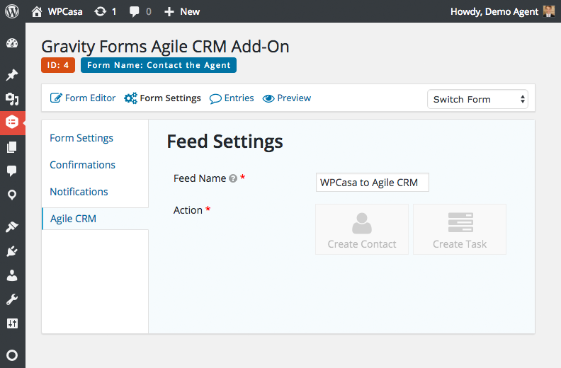 Gravity Forms Agile CRM feed settings