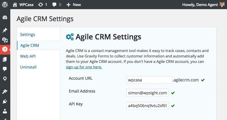 Gravity Forms Agile CRM settings