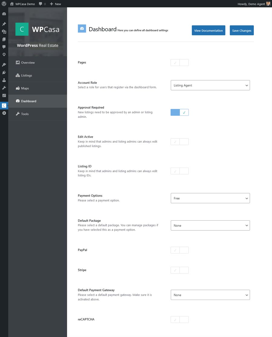 WPCasa Dashboard settings