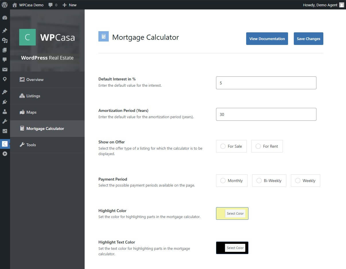 WPCasa Mortgage Calculator Settings
